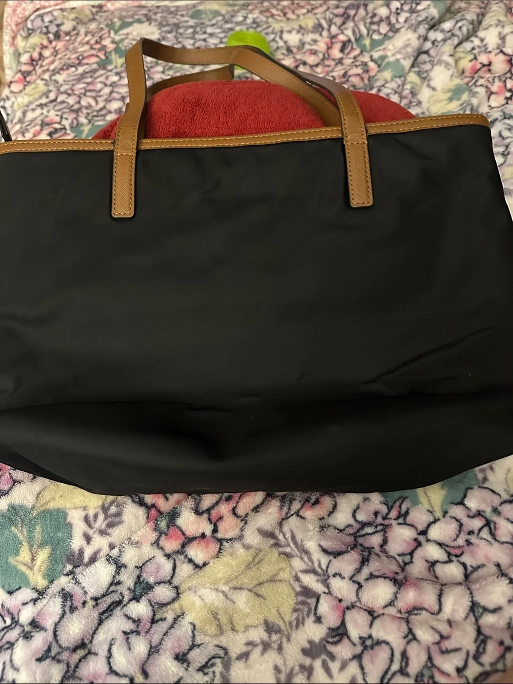 Michael Kors Black Nylon Tote with Brown Leather Trim and Gold Hardware EUC
